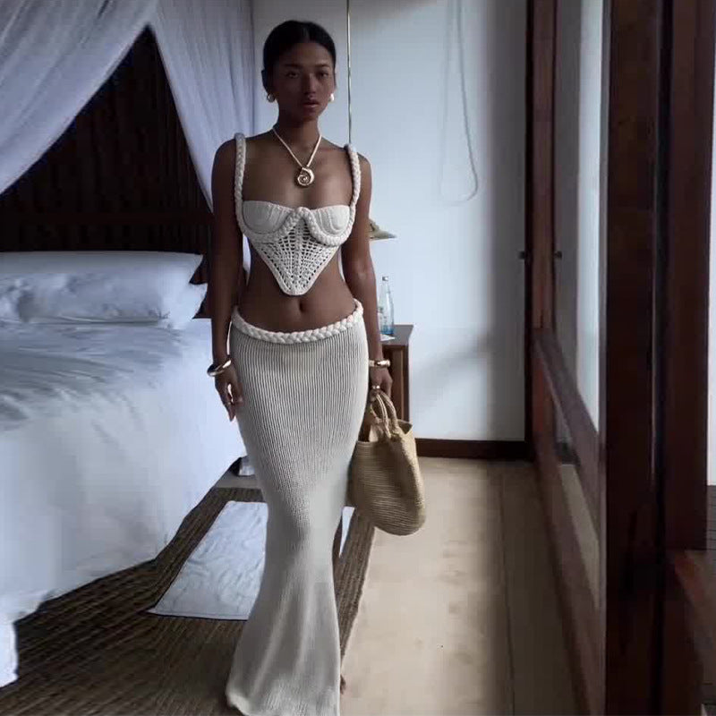 Y2K Style Crochet Knit 2 Piece Top And Skirt Set