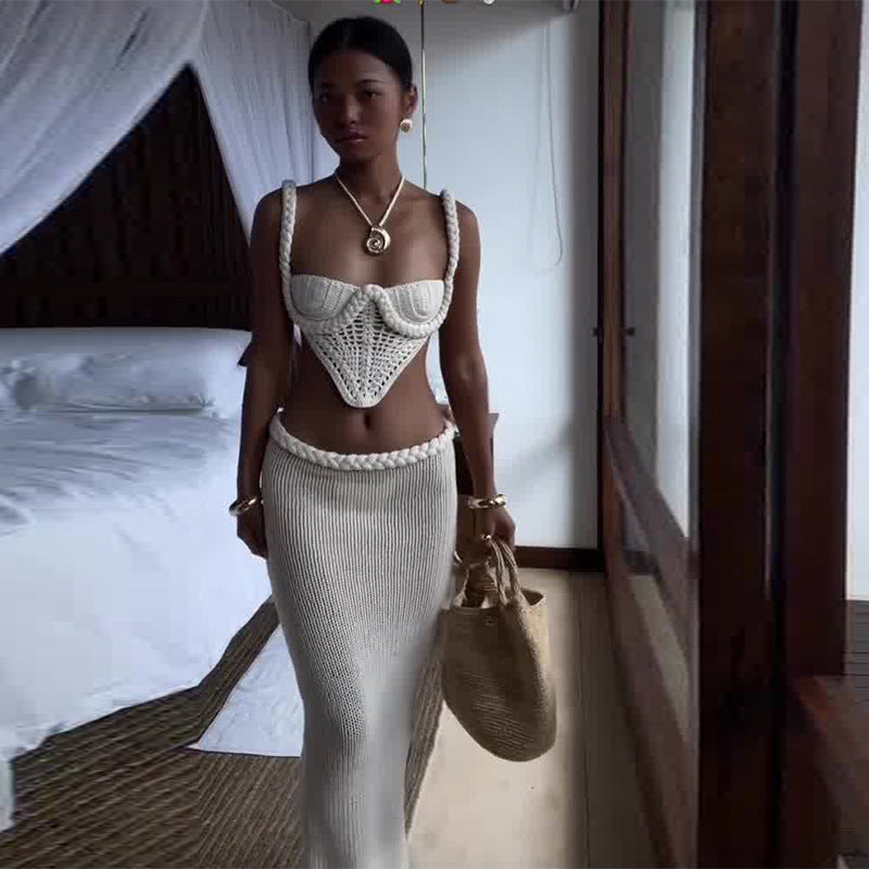 Y2K Style Crochet Knit 2 Piece Top And Skirt Set