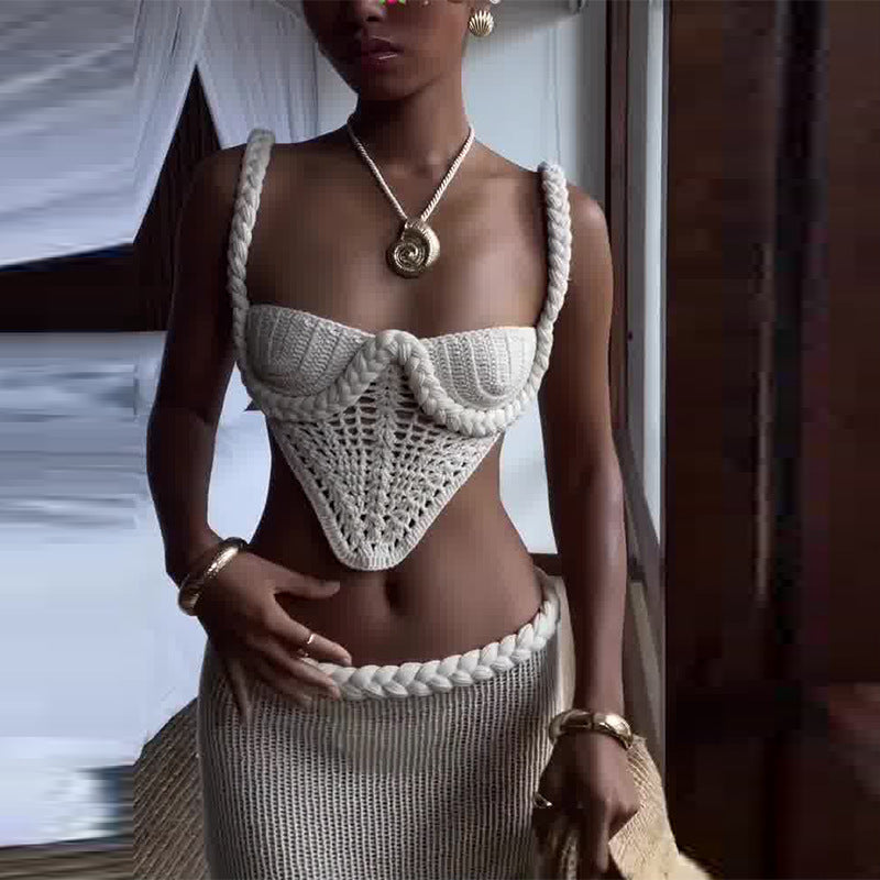 Y2K Style Crochet Knit 2 Piece Top And Skirt Set