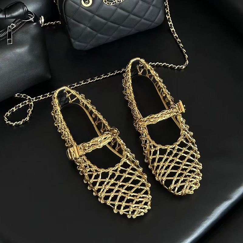 Mary Jane Weaving Hollow One Word Flats, Shoes