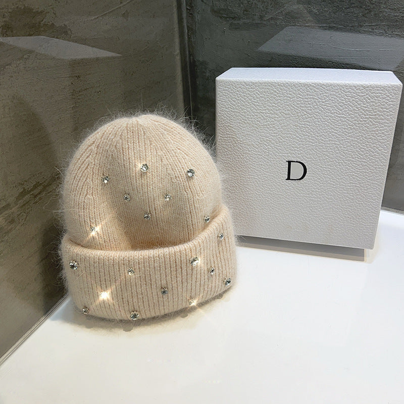 Women's Autumn-Winter Knitted Hat With Rhinestones
