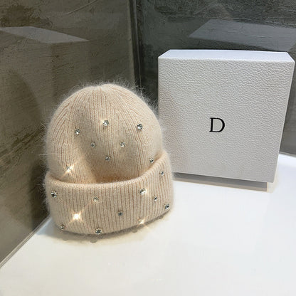 Women's Autumn-Winter Knitted Hat With Rhinestones