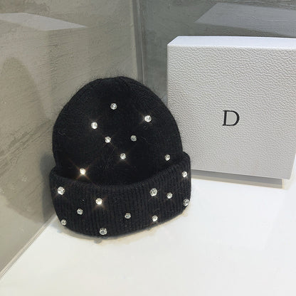 Women's Autumn-Winter Knitted Hat With Rhinestones