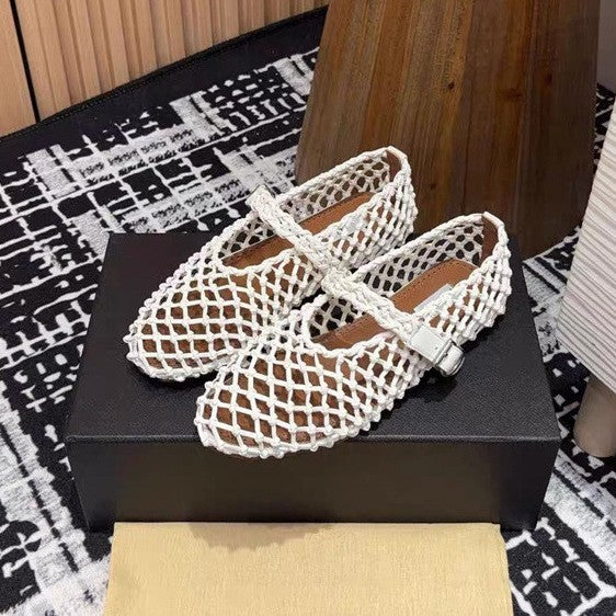 Mary Jane Weaving Hollow One Word Flats, Shoes
