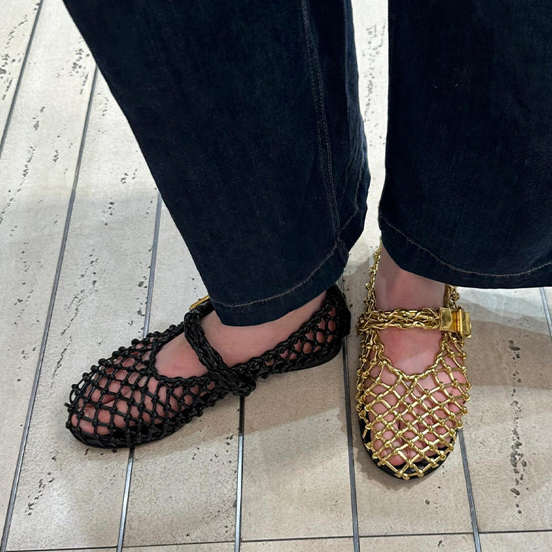 Mary Jane Weaving Hollow One Word Flats, Shoes
