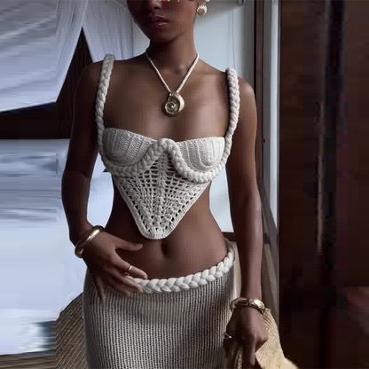 Y2K Style Crochet Knit 2 Piece Top And Skirt Set