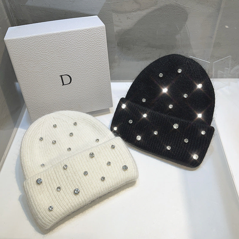 Women's Autumn-Winter Knitted Hat With Rhinestones