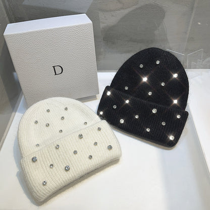 Women's Autumn-Winter Knitted Hat With Rhinestones