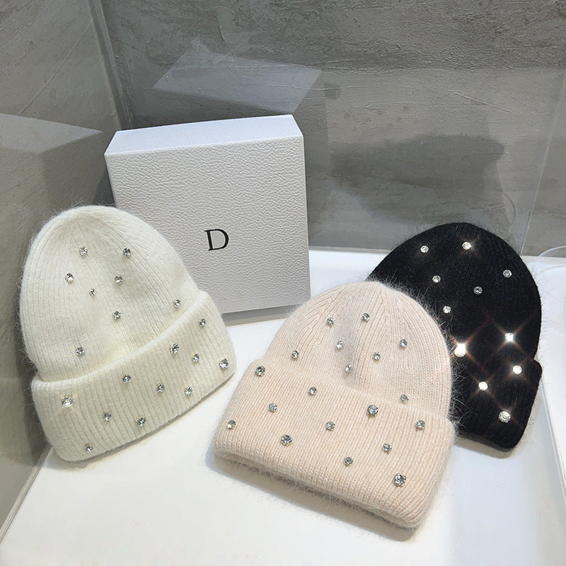 Women's Autumn-Winter Knitted Hat With Rhinestones