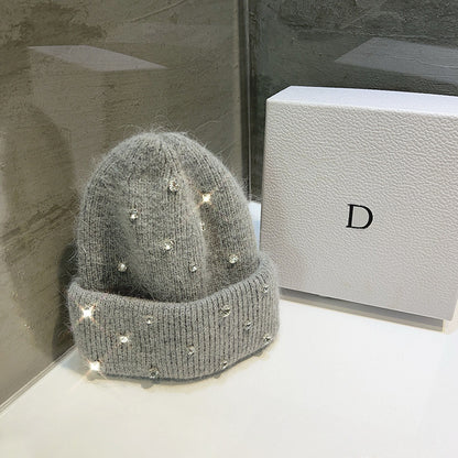 Women's Autumn-Winter Knitted Hat With Rhinestones