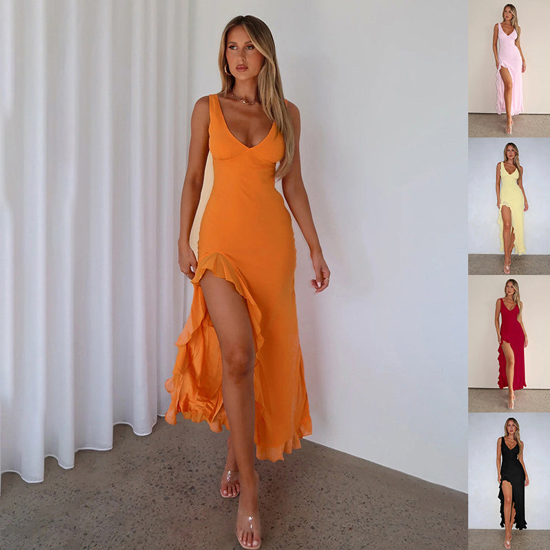 Women's Ruffles Split Suspender V-neck Evening Dress