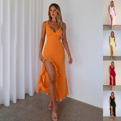 Women's Ruffles Split Suspender V-neck Evening Dress